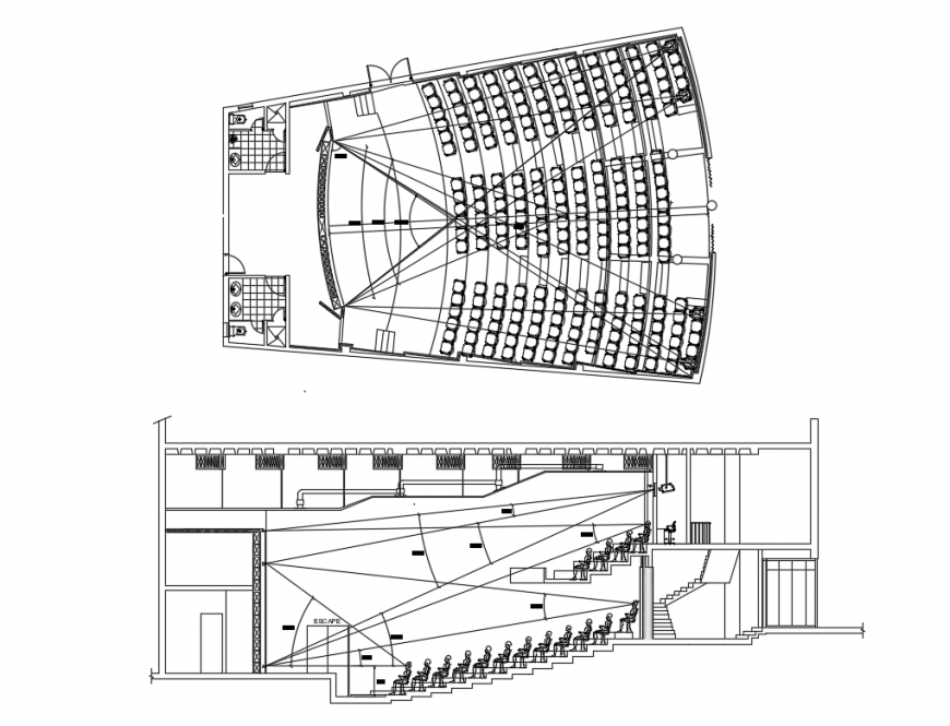 Auditorium hall facade section and layout plan details dwg file