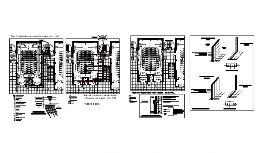 Auditorium hall floor plan and constructive structure details dwg file
