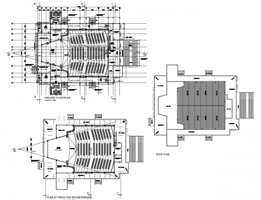 Auditorium hall floor plan distribution with roof plan cad drawing details dwg file