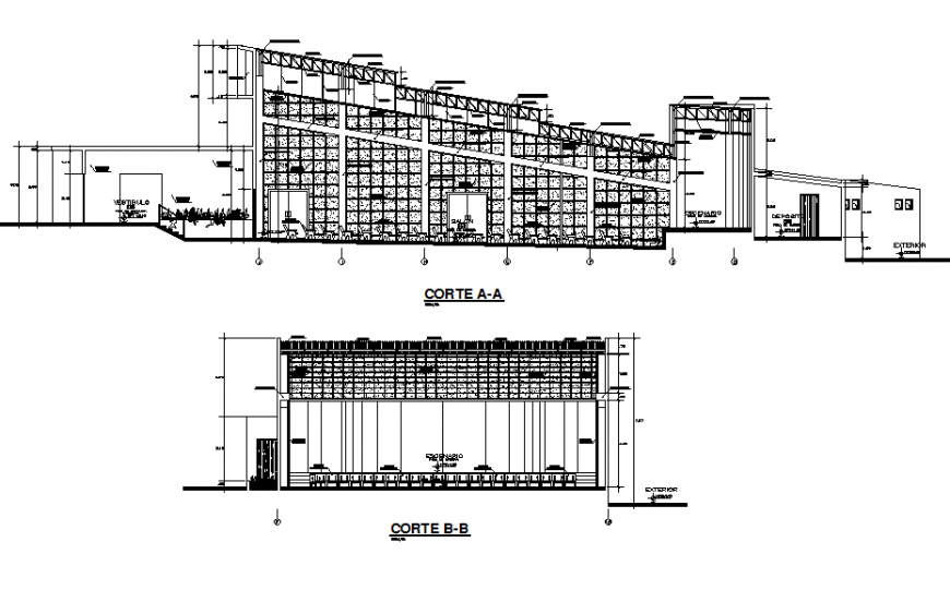 Auditorium hall main section and side section drawing details dwg file