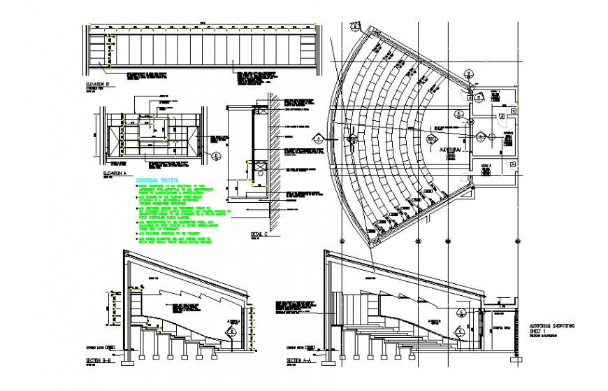 Auditorium Plan & Elevation detail in DWG file