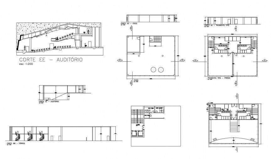 Auditorium plan and section view in auto cad