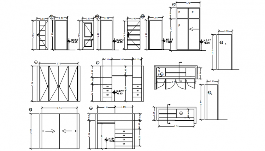 Autocad drawing file of cad blocks of door, cupboard plan, sections and elevations
