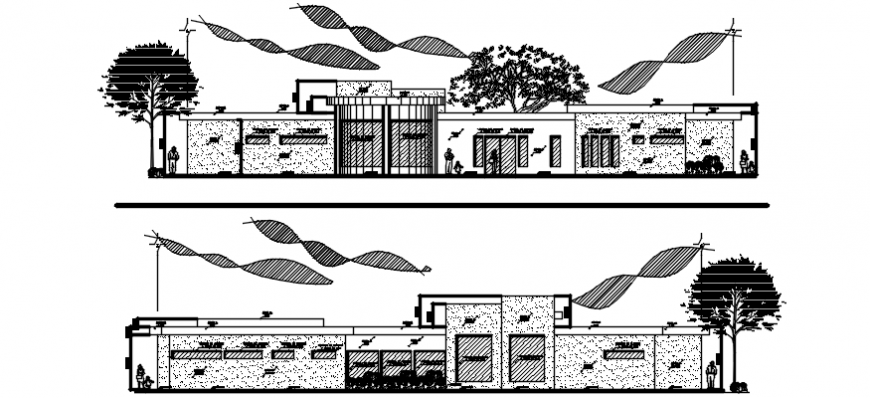 Autocad drawing file of clinic workshop front and rear elevations