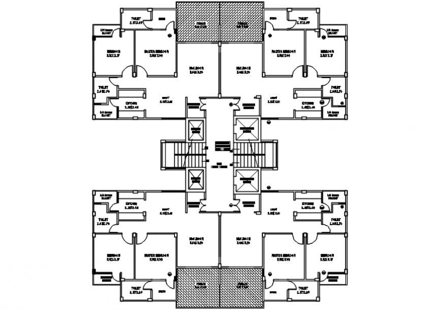 Autocad drawing of 2BHK housing flats first floor plan of 4 unit clusters
