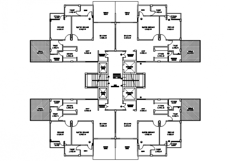 Autocad drawing of 2BHK housing flats second floor plan of 4 unit clusters