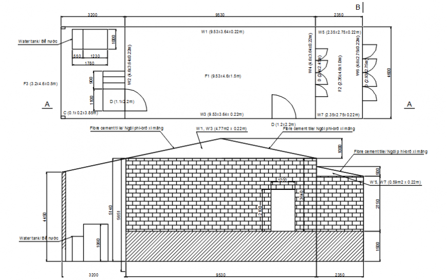 Autocad drawing of a house plan and elevation