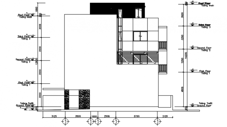 Autocad drawing of front elevation of a multi-floor residential house