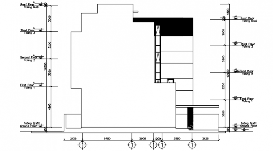 Autocad drawing of back elevation of a multi-floor residential house