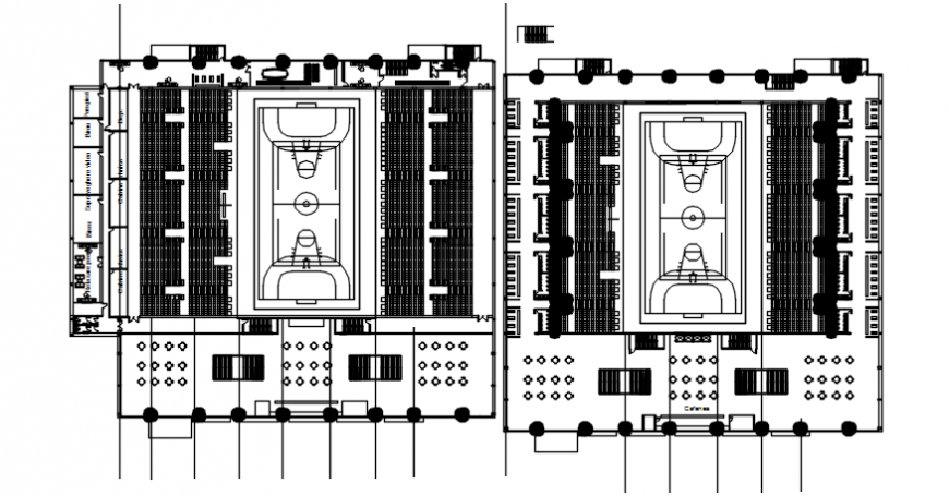 Autocad drawing of basketball court plans at two different levels