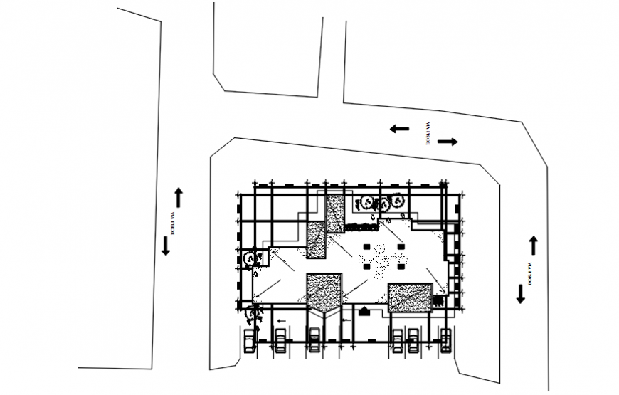 Autocad drawing of clinic workshop site layout plan with building roof plan