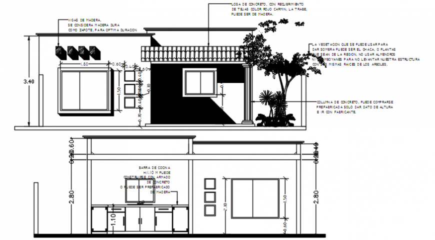Autocad drawing of elevation and section of a residential house