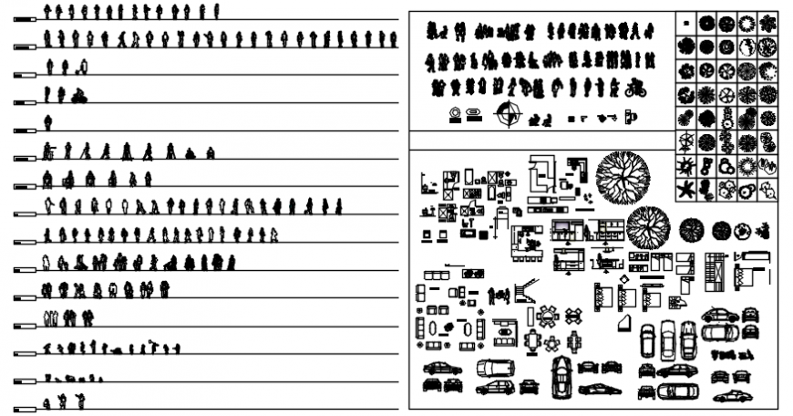 Autocad drawing of furniture blocks, trees and human figures