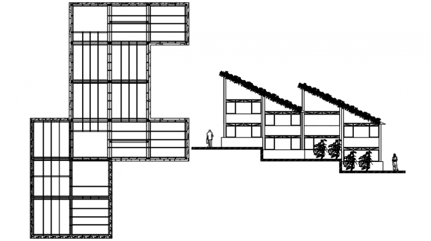 Autocad drawing of green roof house plantation structure plan and lateral elevation