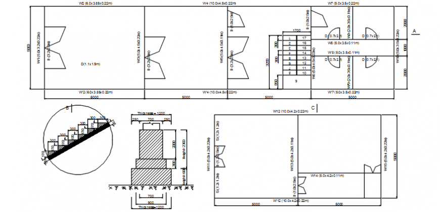 Autocad drawing of house floor plan, stair detail and foundation detail