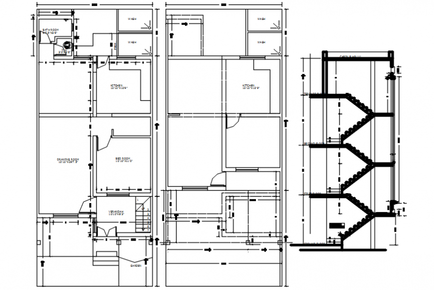 Autocad drawing of house floor plans with typical stair cabin section