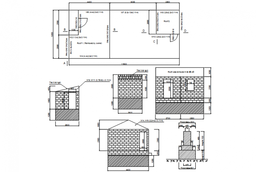 Autocad drawing of house plan, sections and foundation details