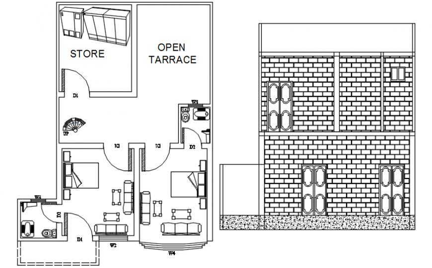 Autocad drawing of house upper floor plan and section