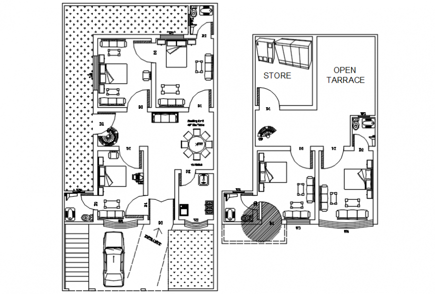 Autocad drawing of residential site plan with ground and first floor plan