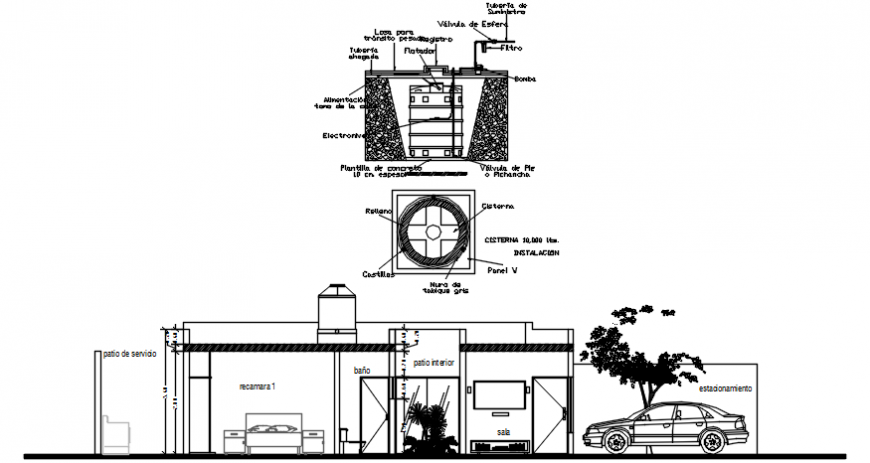 Autocad drawing of section and water tank details of a residential house