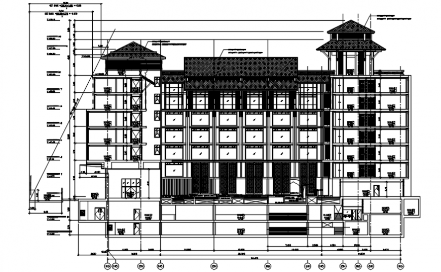 Autocad drawing of sectional elevation of an hotel
