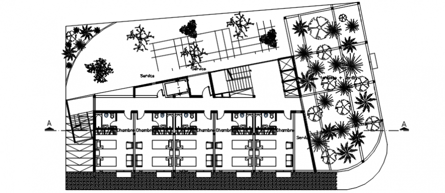 Autocad drawing of top level floor plan of an hotel