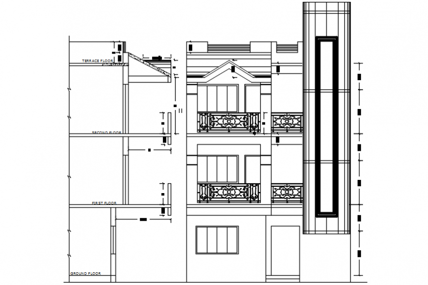 Autocad drawing of wall section and front elevation of a multi-floor house