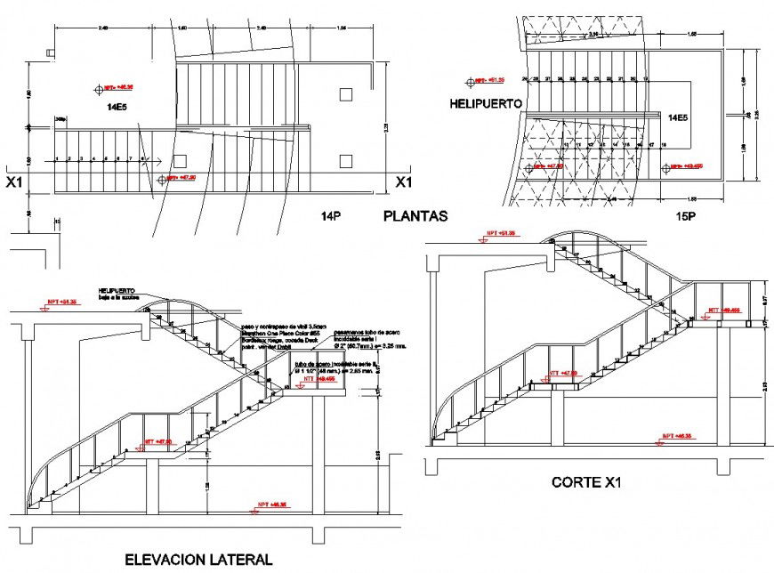 Autocad drawing Plan elevation and sectional details of the staircase