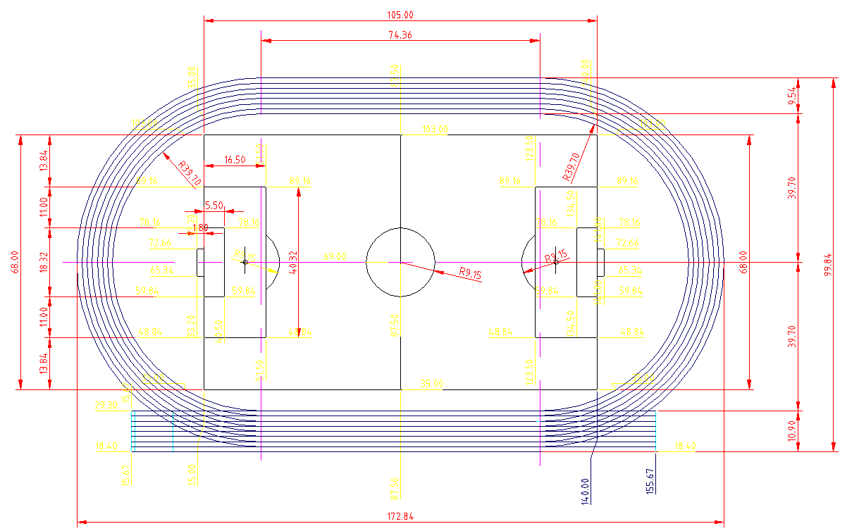 Stadium Design CAD Drawing with 2D Layout and Detailed Measurement