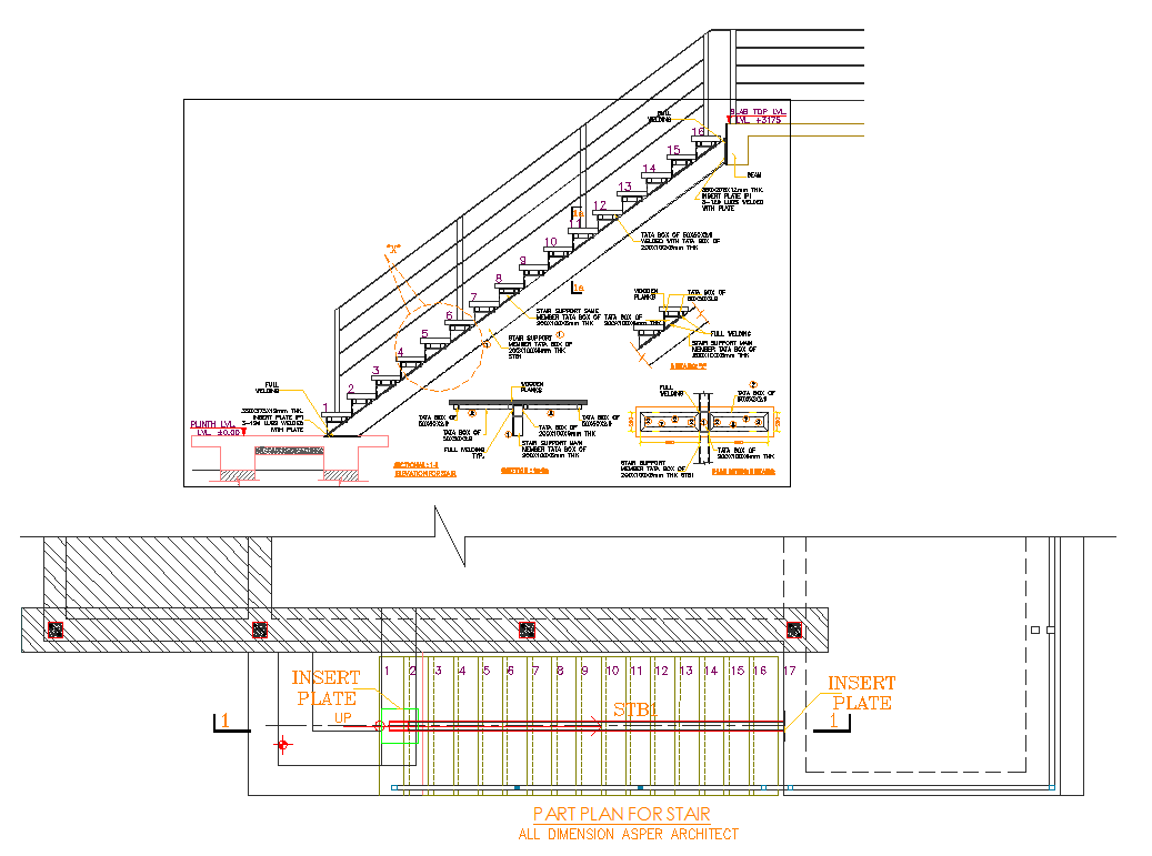 Staircase CAD Drawing with Detailed Plan, Section, and Structure View