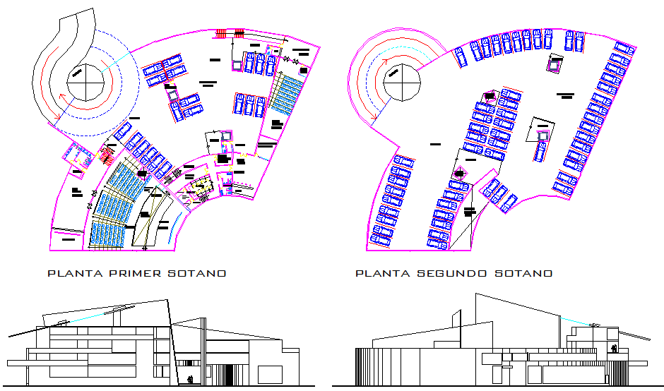 City Culture Center CAD Drawing with Basement and Elevation Layouts