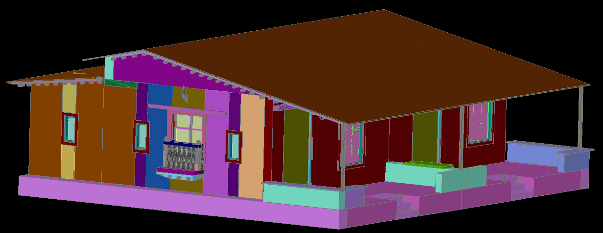 3D Village House CAD Drawing with Traditional Design and Rendered View