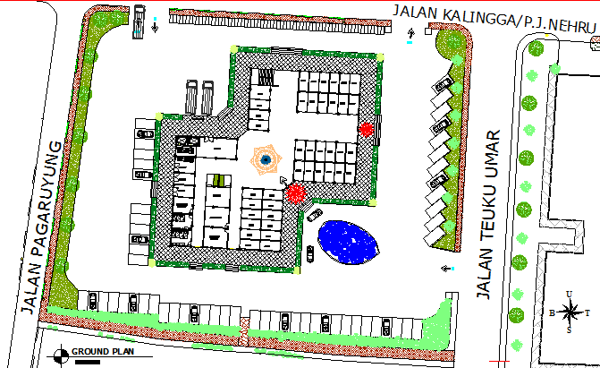 Retail Shops AutoCAD Plan with Parking and Landscape Layout DWG file