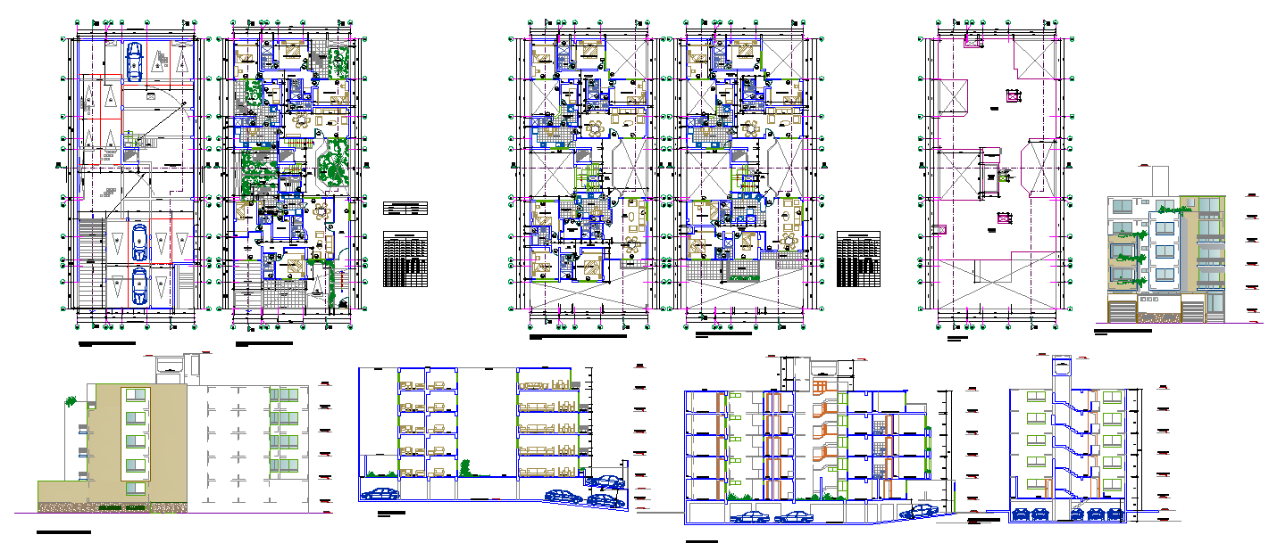 Five Floor Apartment Design 25x40m DWG with Floor and Section Plans