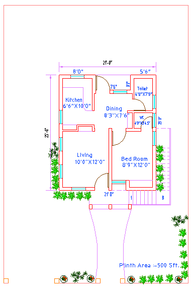 Compact 1BHK House AutoCAD Plan with 500 Sqft Layout and Dimensions