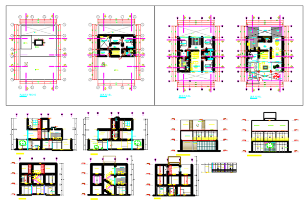 Three Level House Plan CAD Drawing with Sections and Elevations