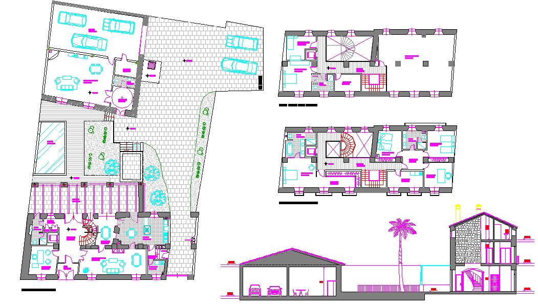 Three-floor residential DWG with layout, sections and elevation views