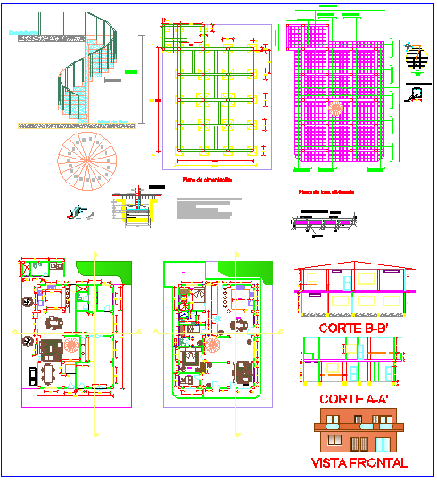 Two floor 145 m2 family house plan with sections and front elevation