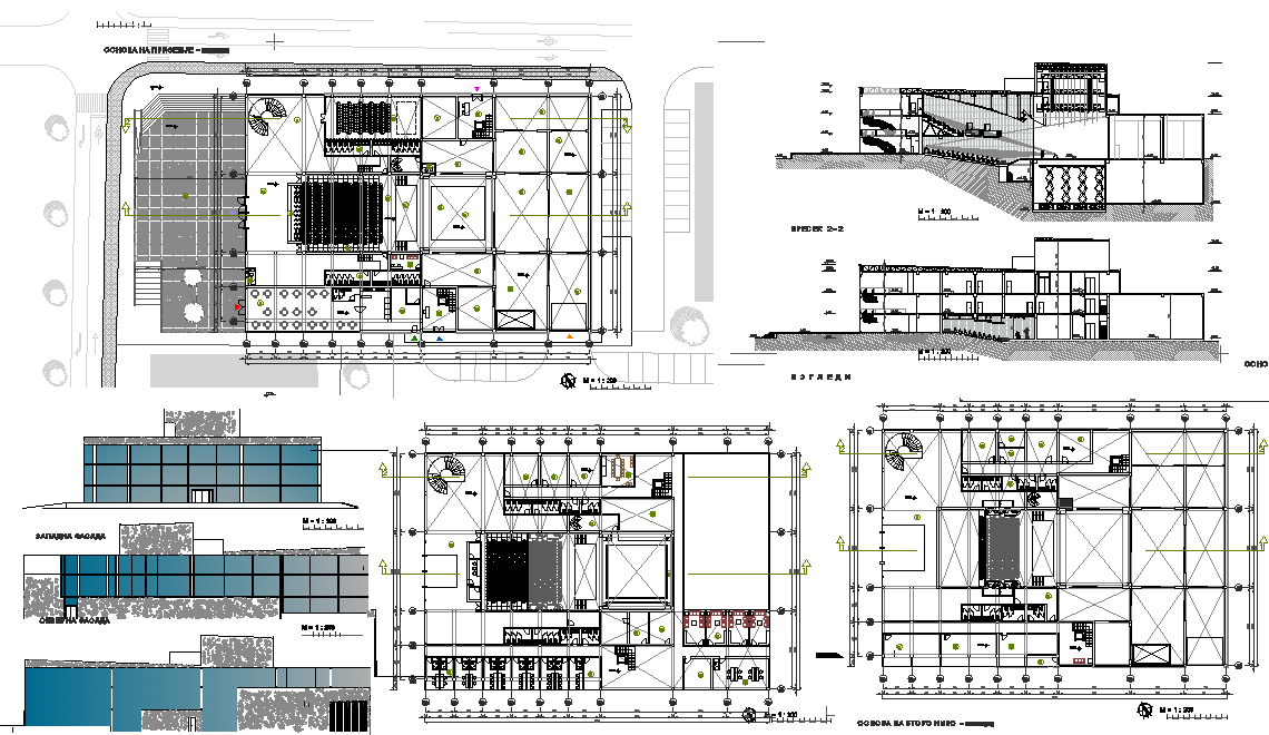 Theater AutoCAD Drawing with Floor Plans Sections and Elevation Views