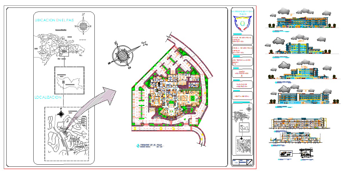 General Hospital Design DWG with Site Layout and Detailed Elevations