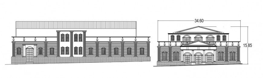 Back and side elevation details of multiplex theater dwg file