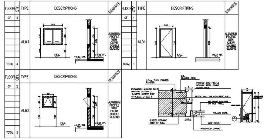 Back side constructive section drawing details for guard house dwg file