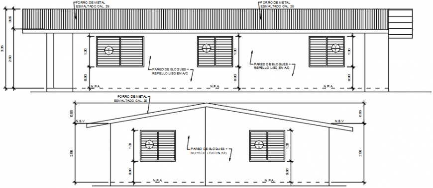 Back and side constructive section details of detached house dwg file