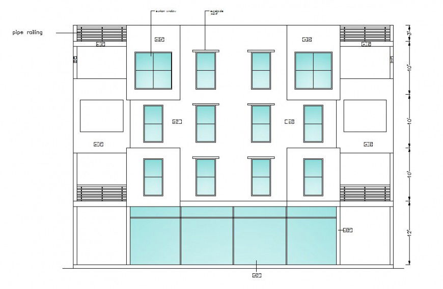 Back elevation drawing details of apartment flats building dwg file