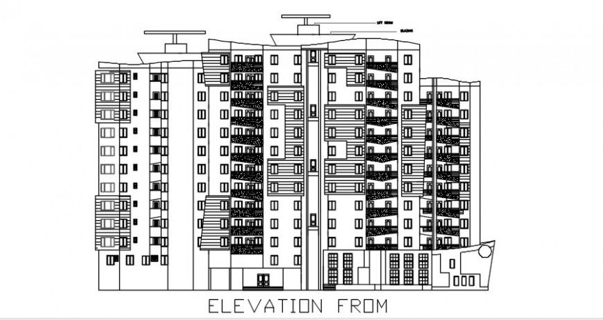 Back elevation drawing details of Multi-familiar apartment building with shops dwg file