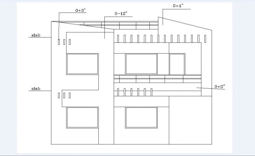 Back elevation drawing details of residential house with slab dwg file