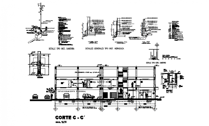 Back section and construction details of two-level house dwg file