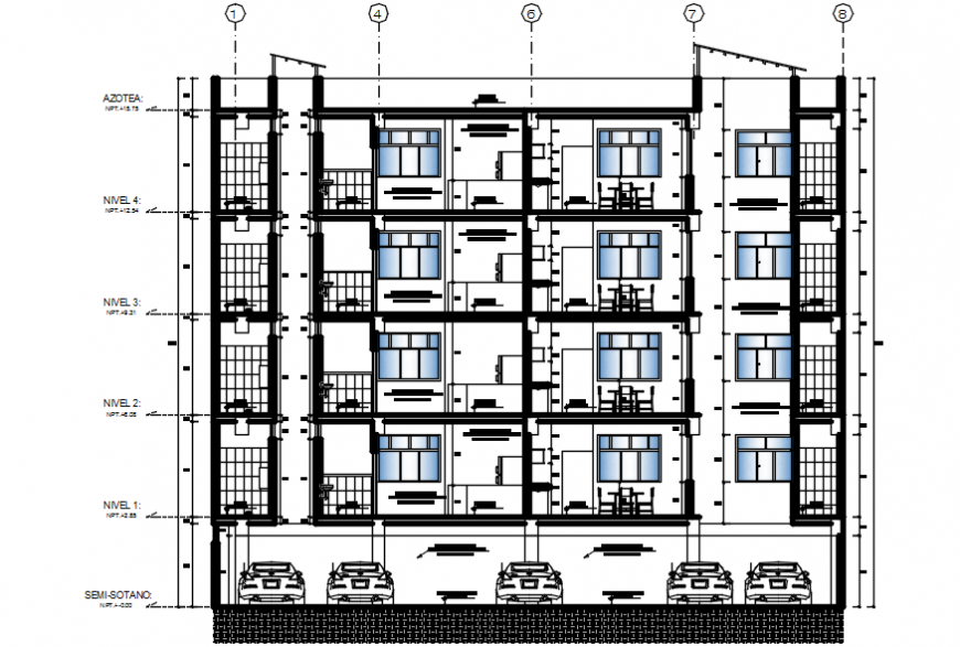 Back sectional drawing details of four story apartment building dwg file