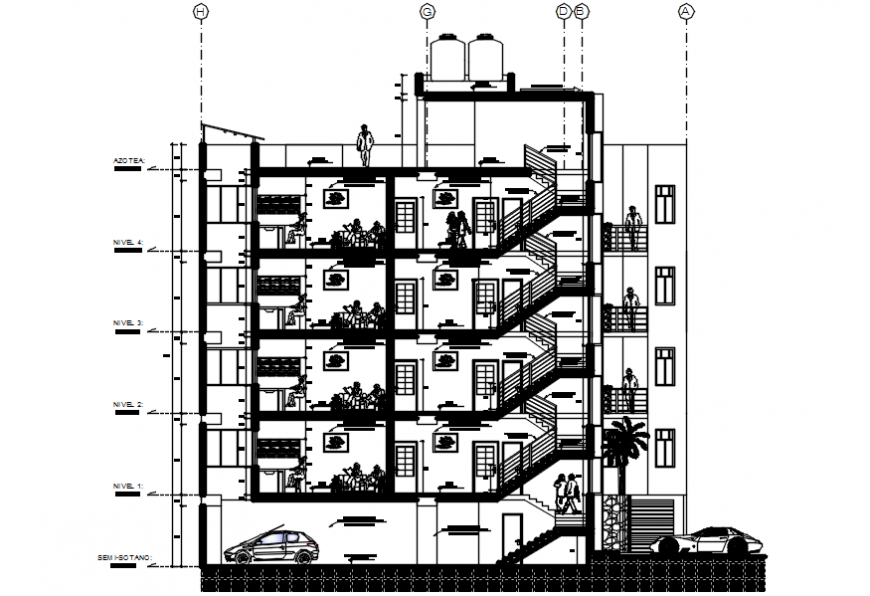 Back sectional drawing details of multi-familiar building dwg file