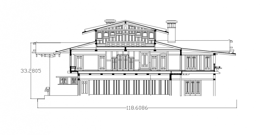 Back side elevation of residential gamble house cad drawing details dwg file